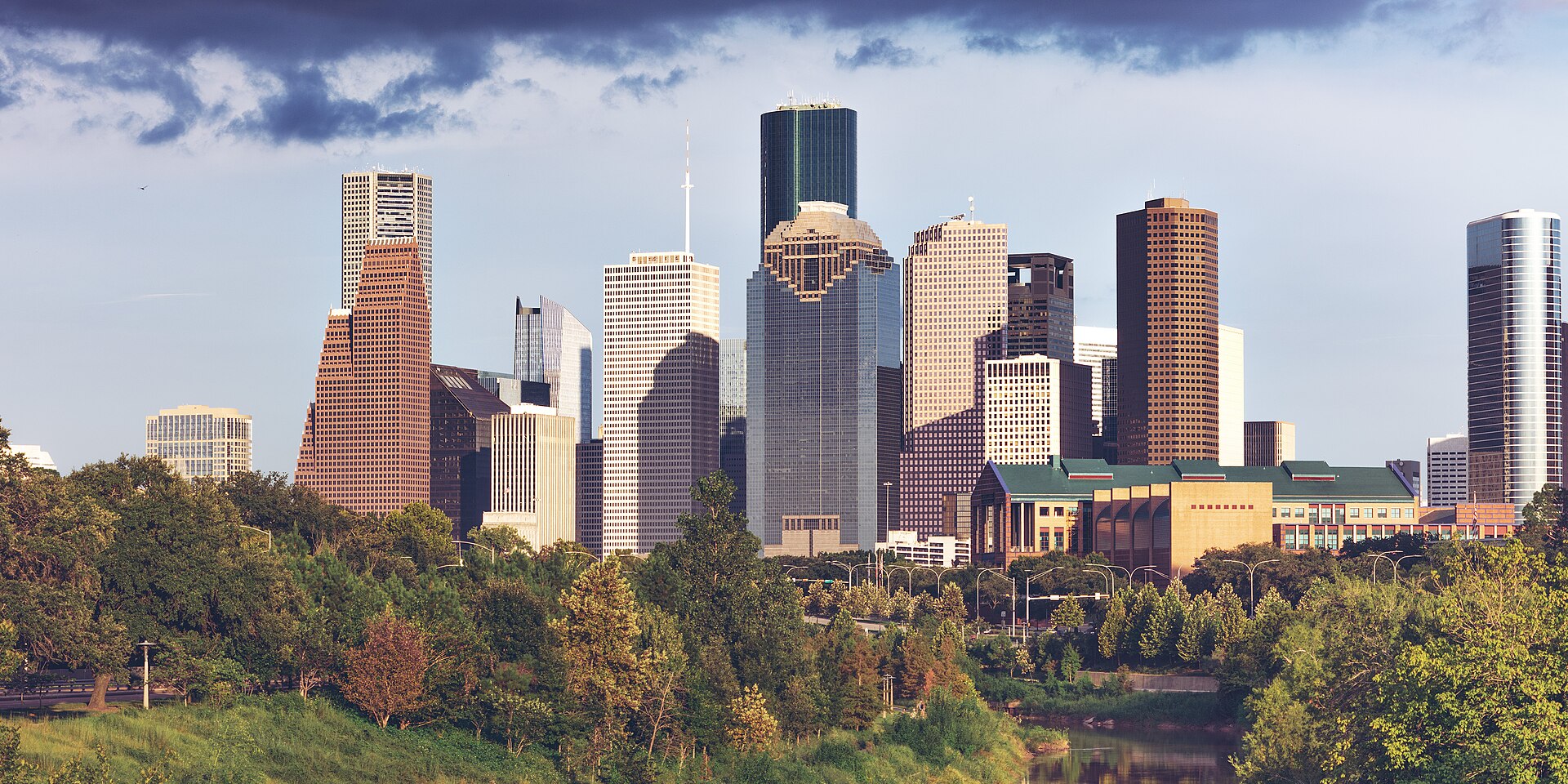 Downtown Houston skyline viewed across Buffalo Bayou