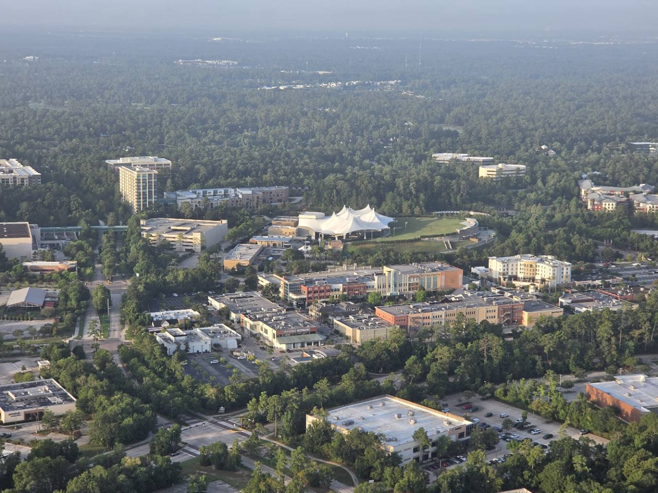 Aerial view of The Woodlands Town Center and Cynthia Woods Mitchell Pavilion